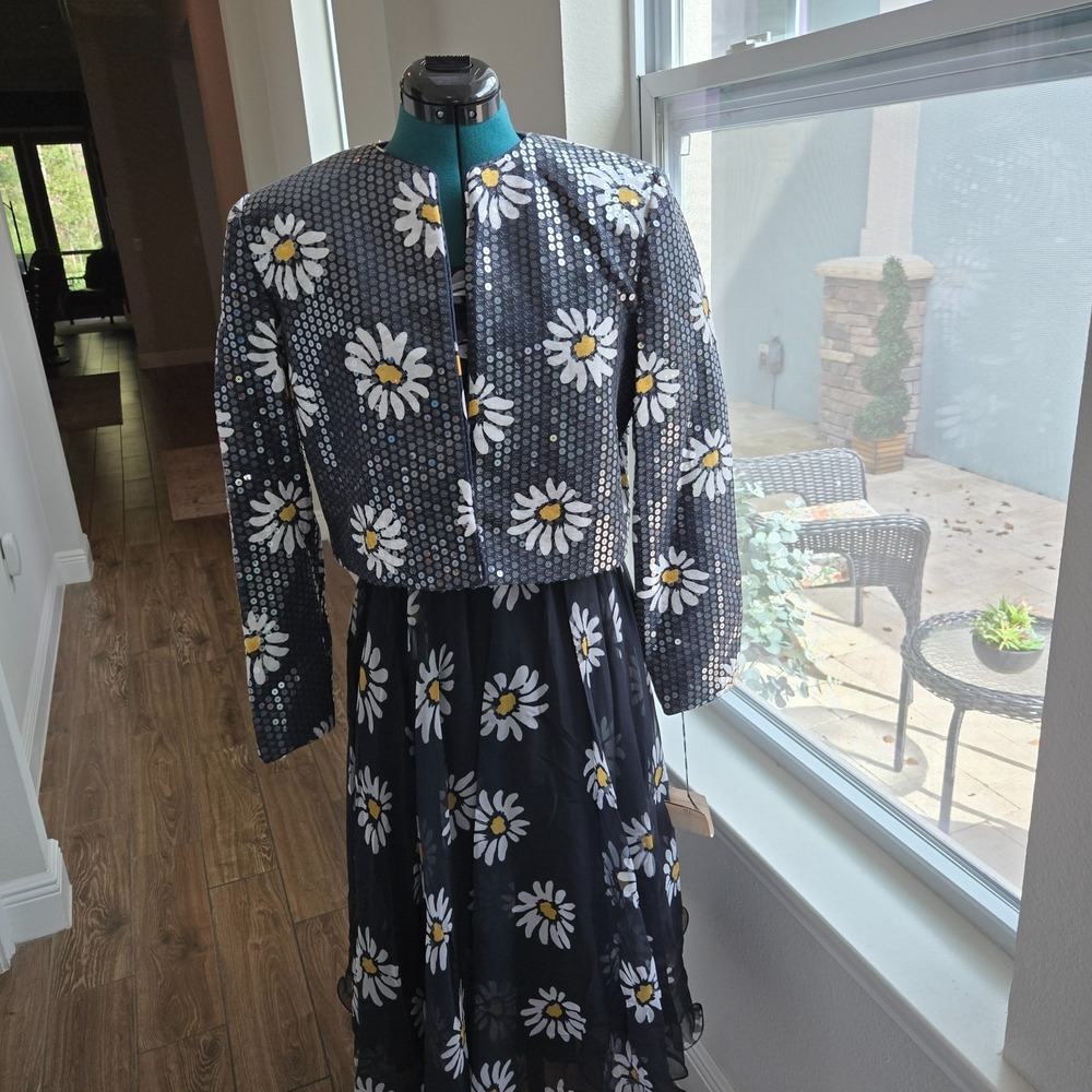 Nili Richards VTG Womens Dress Chiffon Daisy Dress and Sequin Jacket Sz Small